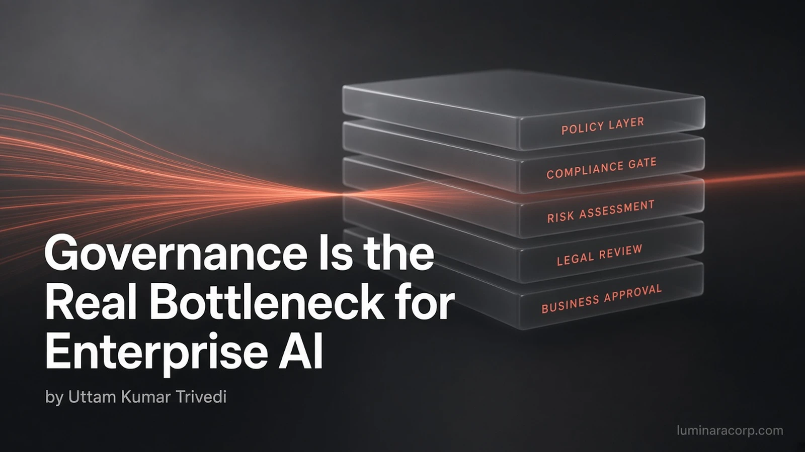 Stacked translucent policy gates bottlenecking a coral AI flow line, titled Governance Is the Real Bottleneck for Enterprise AI by Uttam Kumar Trivedi