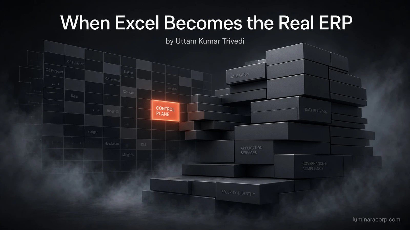 Spreadsheet grid morphing into stacked enterprise architecture blocks with a coral control-plane node, titled When Excel Becomes the Real ERP by Uttam Kumar Trivedi