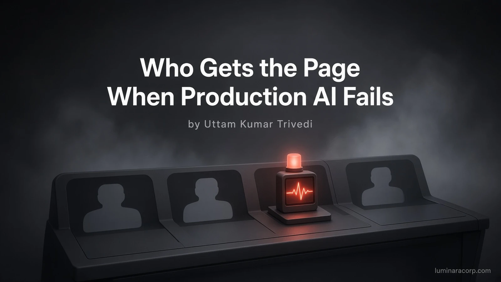 Incident console with empty operator slots and a coral pager beacon, titled Who Gets the Page When Production AI Fails by Uttam Kumar Trivedi