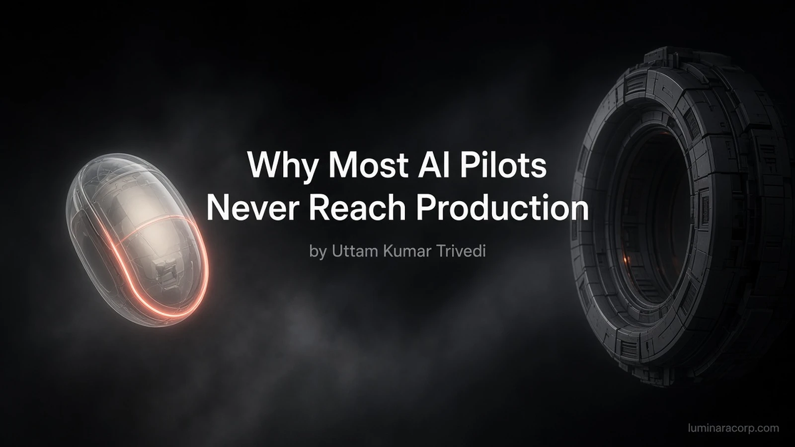Sealed translucent pilot pod facing an open production ring across a gap, titled Why Most AI Pilots Never Reach Production by Uttam Kumar Trivedi