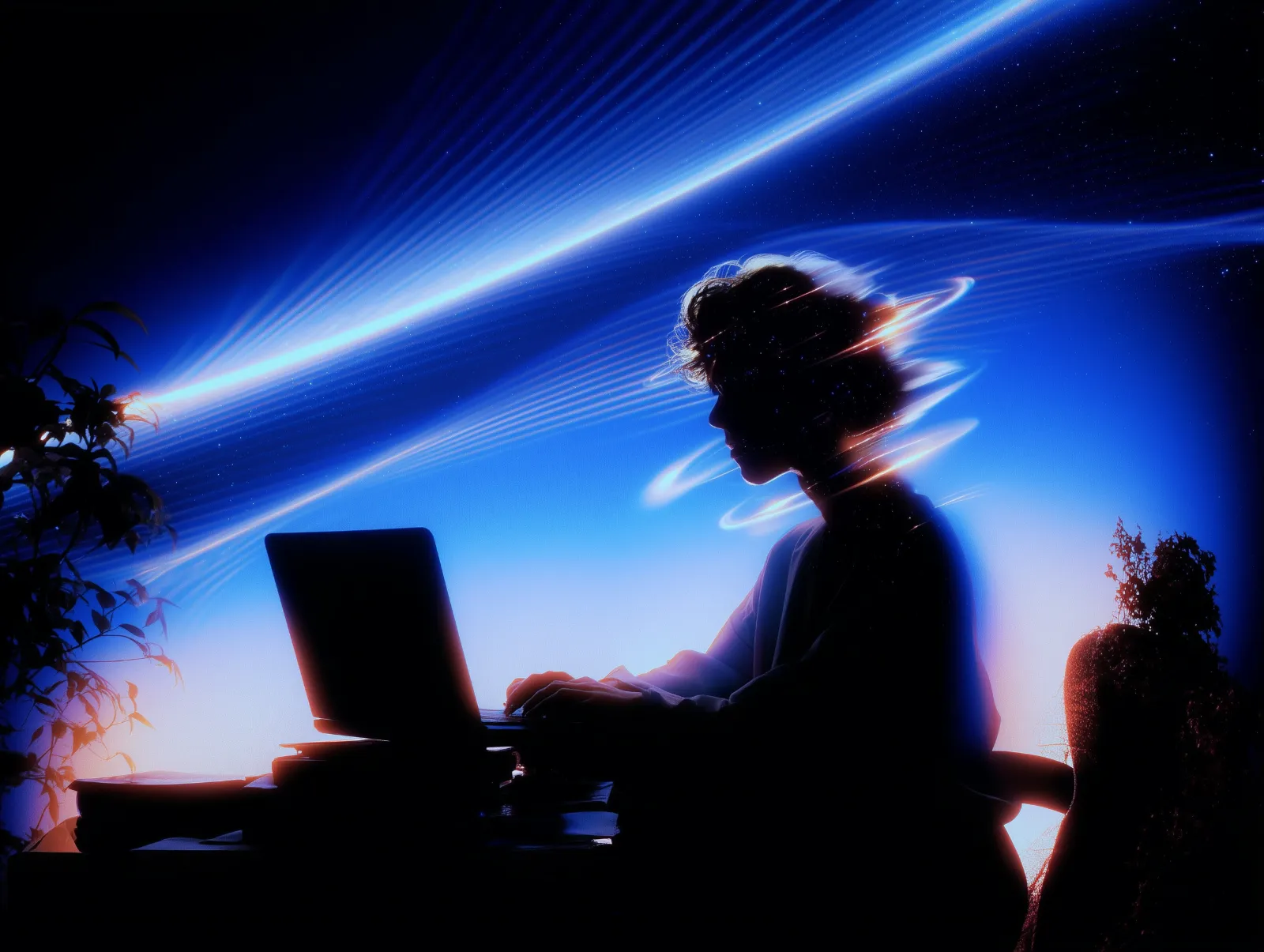 Silhouette of a person working at a laptop amid digital light trails